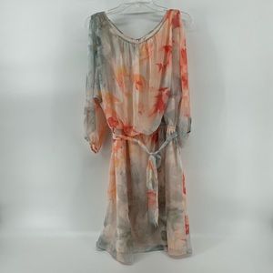 Vince Camuto Peach Coral and Pale Green Floral Chiffon Dress
